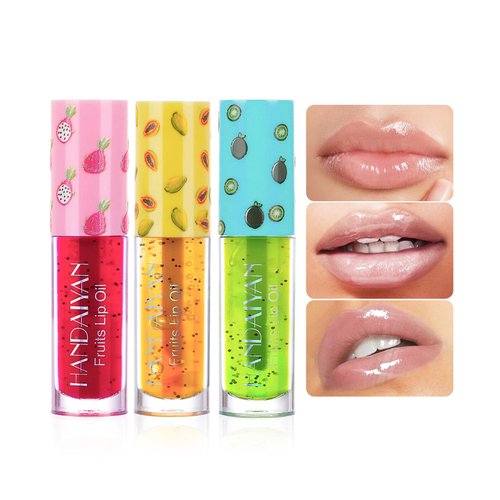 Grospe 3 Colors Mirror Lip Oil Transparent Glass Fruit Series Lip Glaze Waterproof Moisturizing Lip Balm（Kiwi & Pitaya & Papaya）