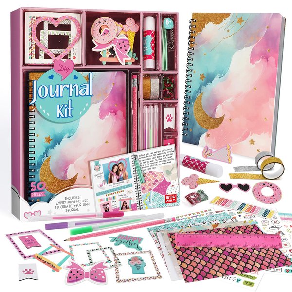 EDUMAN DIY Journal Kit for Girls Ages 8-12- Birthday Gifts for Girls, Diary Gifts Toys, Cute Arts & Crafts Kits, Kids Scrapbook Kits & Diary Supplies Stationary Set, Scrapbooking Kits (Pink)