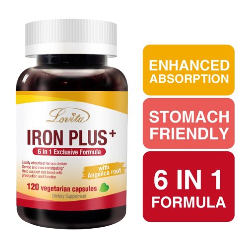 Lovita Iron 18 mg, 6 in 1 Iron Supplement for Women, Iron with Vitamin C, Dong Quai & B12, Vegan Iron Vitamin to Support Red Blood Cell Production Without Constipation, 120 Capsules