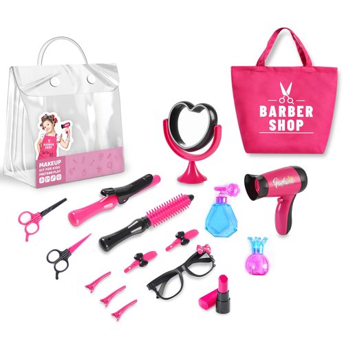 Kids Vanity Pretend Play Barber Shop Makeup kit Hairdressing Toys/Hair Clippers for Kids /2-3 Year Old Girl Birthday Gift with Hairdryer Apron Curling Flat Iron Mirror Scissors Accessories with Bag