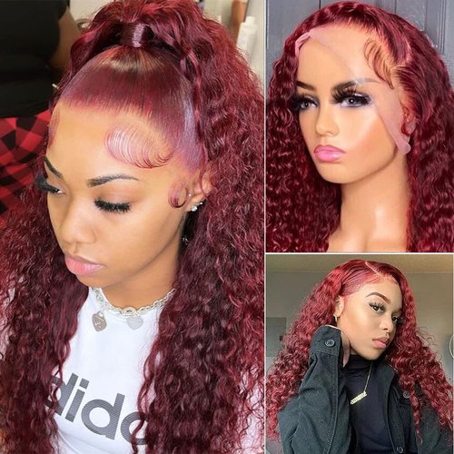 Bugtum 99j Burgundy Lace Front Wigs Human Hair Deep Wave 13x4 Hd Lace Frontal Wigs for Black Women Glueless Wigs Human Hair Pre Plucked Deep Curly Wet and Wavy Red Colored Lace Front Wig (26 Inch)