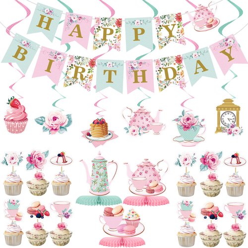 Floral Tea Party Decorations Floral Birthday Banner Teapot Birthday Decorations Floral Tea Honeycomb Centerpieces Tea Hanging Swirl Decoration for Birthday Baby Shower Wedding Party Supplies