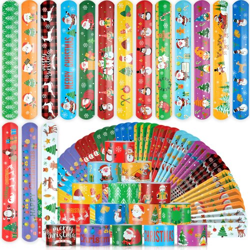 Christmas Slap Bracelets 48Pcs Christmas Party Favors for Kids Christmas Stocking Christmas Bracelets Christmas Party Supplies Christmas Gifts for Class Kids Goodie Bag Fillers Toys for Kids