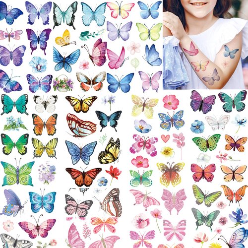 Temporary Tattoos for Kids, Butterfly Wings Flower Fake Tattoo for Women Girls, 100pcs Waterproof Body Face Makeup Stickers, Cute Tattoo Decorations, Birthday Party Favor Gifts Supplies Decor Adults