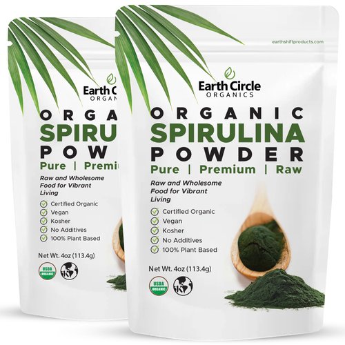 Earth Circle Organics Organic Spirulina Powder, Kosher, Raw and Non-Irradiated | Pure Vegan Protein | Premium Superfood, High in Amino Acids and Antioxidants - 4 Ounce (2 Packs)