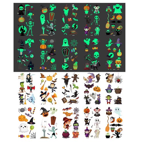 ZHISHUDL 20 Sheets Halloween Temporary Tattoos for Kids Glow in the Dark Temporary Tattoos Halloween Pumpkin Skeletons Face Tattoos Stickers Halloween Party Gift for Kids - Set A