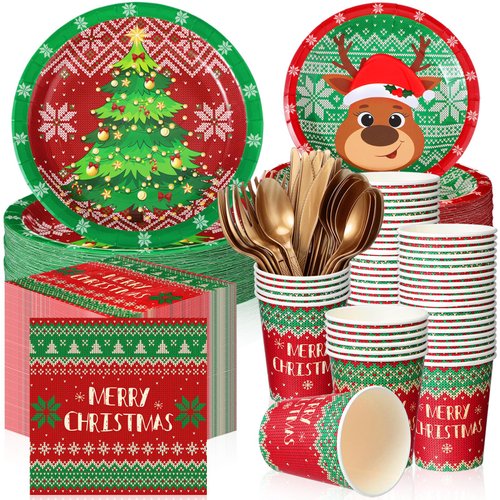 Yaomiao 240 Pcs Xmas Ugly Sweater Party Supplies Tacky Sweater Plates Xmas Party Decoration for Christmas Holiday Tableware Set Plates Napkins Cups Forks for Birthday Xmas Serves 30