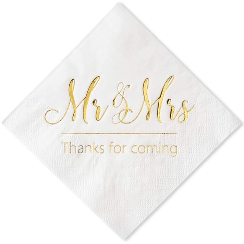 Crisky Napkins Mr and Mrs Gold Cocktail Beverage Dessert for Wedding Shower Engagement Party Decorations, Cake Table Decor Supplies. 100 Pcs, 3-Ply