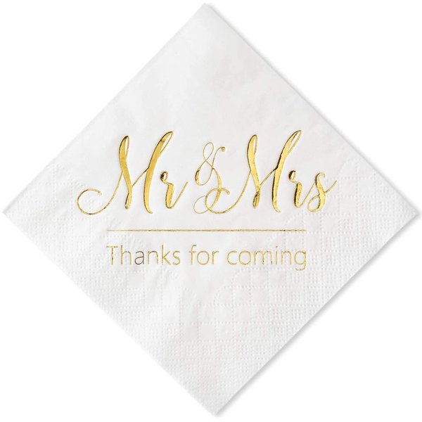 Crisky Napkins Mr and Mrs Gold Cocktail Beverage Dessert for Wedding Shower Engagement Party Decorations, Cake Table Decor Supplies. 100 Pcs, 3-Ply