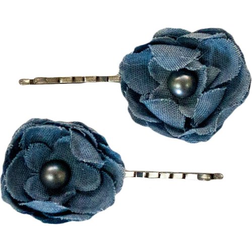 Mia Bobby Pins, Silver Bobby Pins with Pretty, Trendy Denim Flowers + Blue Pearl Centers, for Women, Girls 2pks, 4pcs