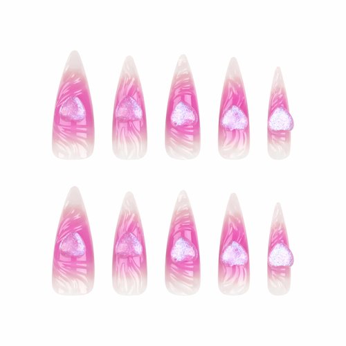 BABALAL Long Stiletto Press on Nails Purple Pink Fake Nails Aurora Heart Glue on Nails 3D Wave Design Acrylic Nails 24Pcs Bling Stiletto False Nails