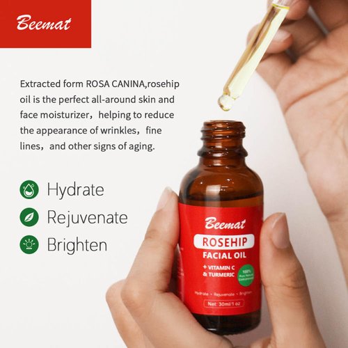 Beemat Rosehip Vitamin C Face Oil w/Turmeric 100% Natural Skin Care Facial Oil Cold Pressed Rosehip Oil for face For Brightening Hydrating & Rejuvenating 1oz/30ml
