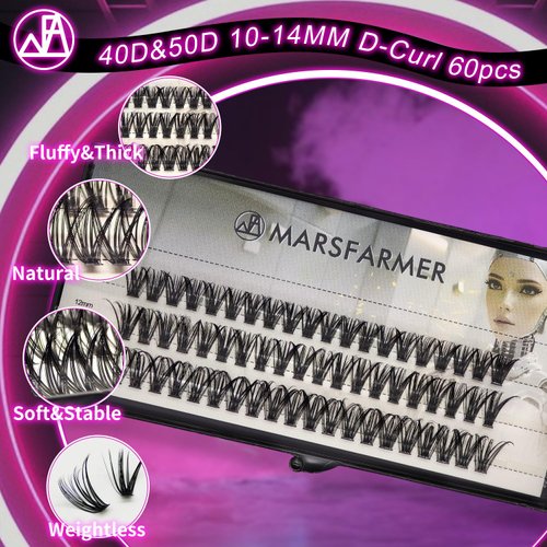 Marsfarmer 60PCS False Eyelashes Cluster Set - 50D 3 Size 10 12 14mm D Curl Eyelashes Clusters Extension Individual Cluster Lashes