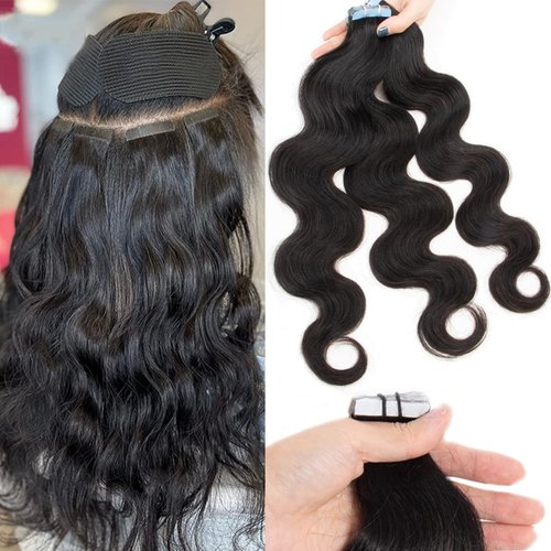 Body Wave Tape in Hair Extensions Human Hair Black Women Curly Tape ins for Black Women Human Hair Body Wave Tape in Hair Extensions Real Human Hair Invisible Tape ins Human Hair Extensions 12 Inch