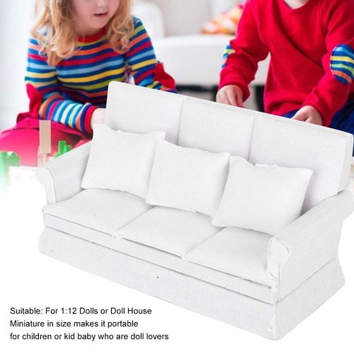 Agatige Dollhouse Furniture Set, Dollhouse Miniature Sofa Kit with 3 Pillow Miniature Toys Couch Chairs for 1:12 Dollhouse Accessory(White)