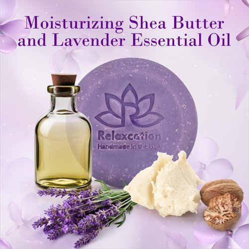 Natural Lavender Soap Bar with Essential Lavender Oil and Organic Shea Butter, Organic Olive Oil, Organic Coconut Oil - Calming and Hypoallergeniс Natural Cold Process Soap - Handmade in USA