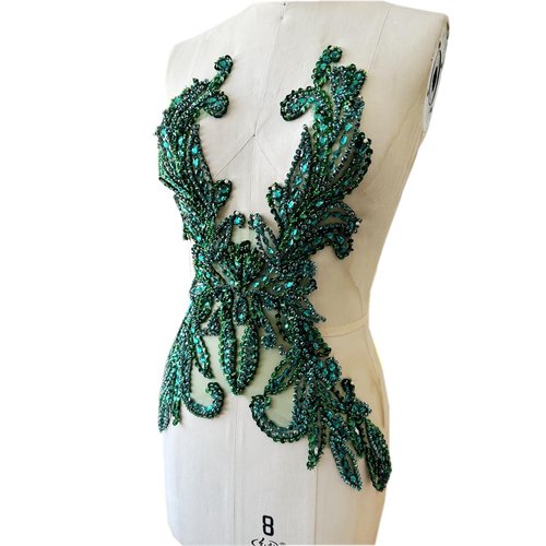 Pure Handmade Rhinestones lace Applique Accessories handsewing Beads Stones Trim Patches for Girl Wedding Dress (Deepgreen)