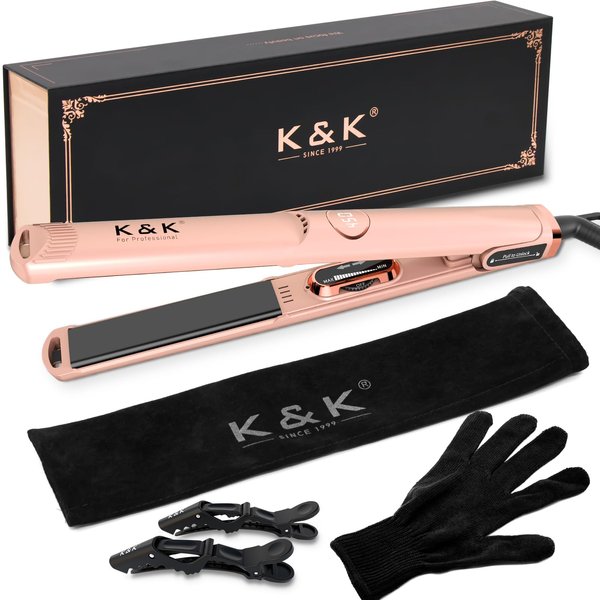 K&K 1 Inch Hair Straightener with LED Display Adjustable Temperature Flat Iron for Short Hair Tourmaline Titanium Dual Voltage Auto Shut Off 4D 360°Swivel