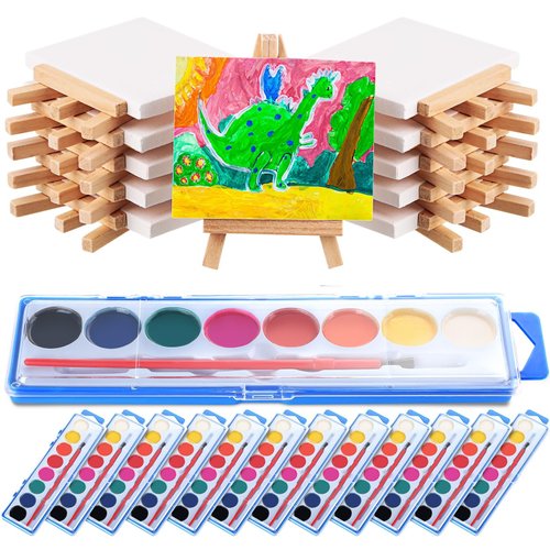 Fuutreo Watercolor Paint Sets 3x4 Mini Canvas Easel Paints Brush Set Kids Art Party Favors and Party Supplies Watercolor Paint Party Favors Washable Watercolor Bulk for Kids Birthday Prizes (24 Pcs)