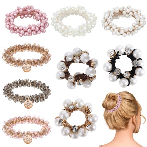 9Pcs Pearl Hair Tie Pony Tails Hair Ties Crystal Hair Elastics Pearl Hair Accessories Hair Scrunchies for Women Girls