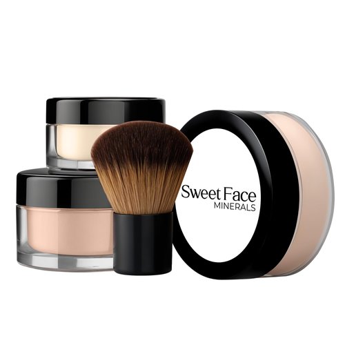 4pc Full Size Kit (LIGHT) Kabuki Brush Mineral Makeup Matte Translucent Loose Foundation Concealer Finishing Setting Powder Bare Face Full Coverage Long Lasting All Skin Types SPF 30 Waterproof
