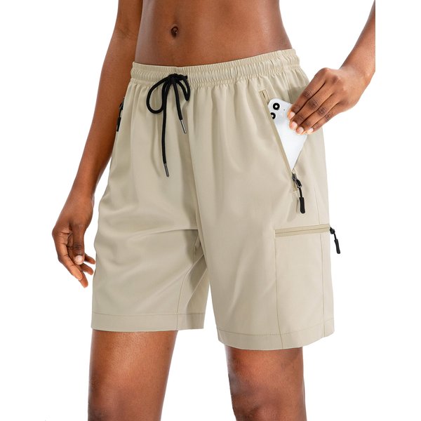 SANTINY Women's Hiking Cargo Shorts Quick Dry Lightweight Summer Shorts for Women Travel Athletic Golf with Zipper Pockets(Khaki_XXL)