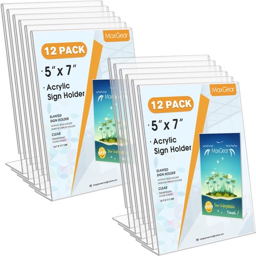 MaxGear Acrylic Sign Holder, 5 X 7 inches Clear Plastic Sign Holder, Slant Back Design Table Sign Holders - Acrylic Frames Plastic Display Stand for Office, Home, Store, Restaurant- Vertical, 12 Pack