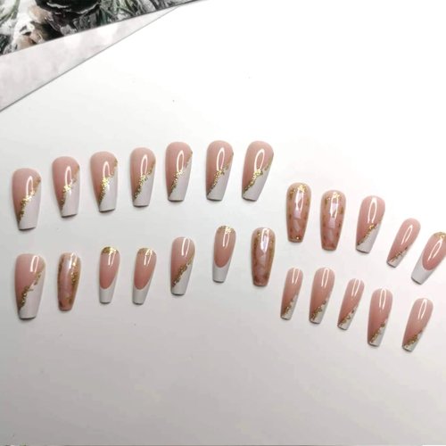 French Tip Press on Nails Long - Gold Foil Press on Nails, Square Shape Fake Nails, Shiny Glossy Nude Gel False Nails Reusable, Stick on Nails Tips Artificial Nails for Women and Girls 24 pcs