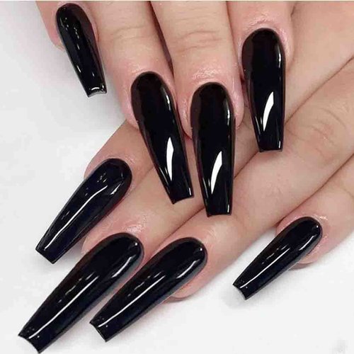 Outyua Fake Nails Coffin Glossy Press on Nails Acrylic False Nails Tips Artificial Full Cover Nail with Design for Women and Girls 24Pcs (Black)