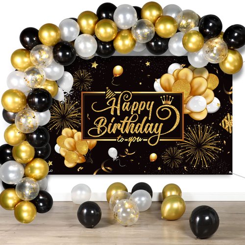 Black and Gold Birthday Party Decorations 50 Pieces Gold Black Balloon Arch Garland Kit Happy Birthday Backdrop Banner Decorations for Kids Men Women Anniversary Birthday Party Supplies Decor