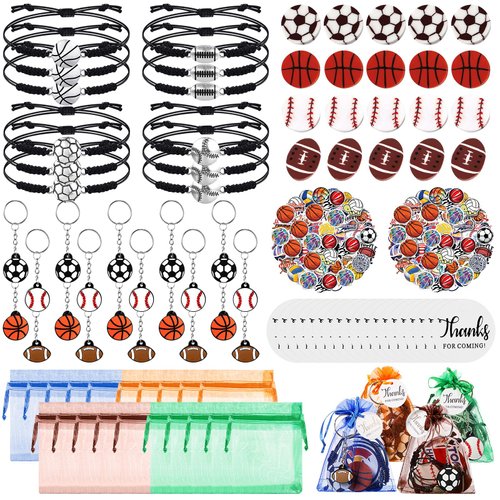 Libima 150 Pcs Sport Party Favors Set Include 20 Charm Bracelet 20 Keychains 20 Organza Goodie Bag 20 Sports Erasers 50 Stickers 20 Thanks for Coming Tags for Birthday Party Gift, 4 Styles