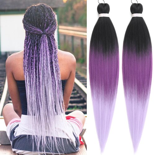 Unionbeauty 26 Inch Black to Purple Ombre Braiding 2Packs Pre Stretched Crochet Braid Kanekalon Easy Braid Hair Extensions Synthetic Braiding Hair for Goddess Box Braids Yaki Texture Hot Water Setting