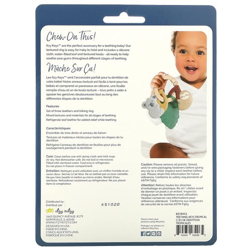 Itzy Ritzy Teething Keys Baby Teether Toy - Features a Braided Texture Ring & Keys, Includes a Water-Filled Leaf-Shaped Teether & Silicone Sloth & Koala Teething Toys, Ideal for Ages 3 Months & Up