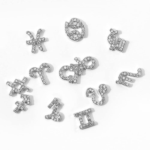DANNEASY 24pcs Zodiac Nail Charms 3d Silver Zodiac Signs Nail Letters Flat-back Nail Rhinestones Diamond Charms for Nails Hollow Nail Studs Alloy Nail Jewels Nail Art Decoration