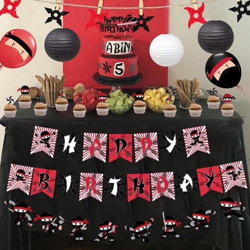 Fangleland Ninja Birthday Party Decoration Red and Black Warrior Themed Party Supplies for Boys with Ninja Happy Birthday Banner Cake Topper Sticker and Paper Lanterns