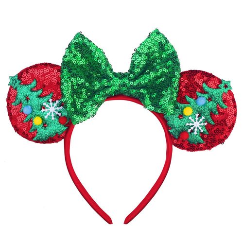 JUTTIRA Christmas Mouse Ears Hair Band Bow Headbands Xmas Headwear, Santa Claus Hair Hoop Princess Head Bopper Cosplay Costume Tiara (Red Green)