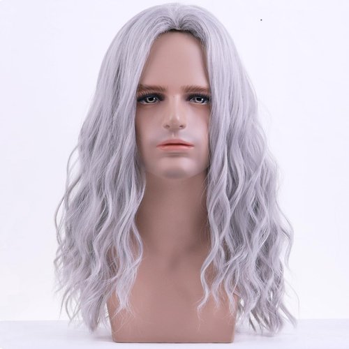 BERON Mens Silver Grey Long Wigs With Halloween Cosplay Costume Party Wig Curly Middle Part Hair Wigs