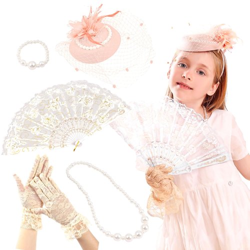 JeVenis Set of 4 Tea Party Hats for Kids Tea Party Necklace Gloves Lets Partea Bridal Shower Supplies