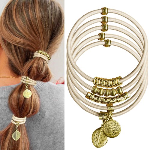 Blonde Boho Hair Ties Bracelet for Women, Cute Ponytail Holders Vintage Gold Hair Accessories for Girls Elastic Hair Tie Bracelets for Thick Thin Curly Hair Trendy Metal Hair Bands for Gifts