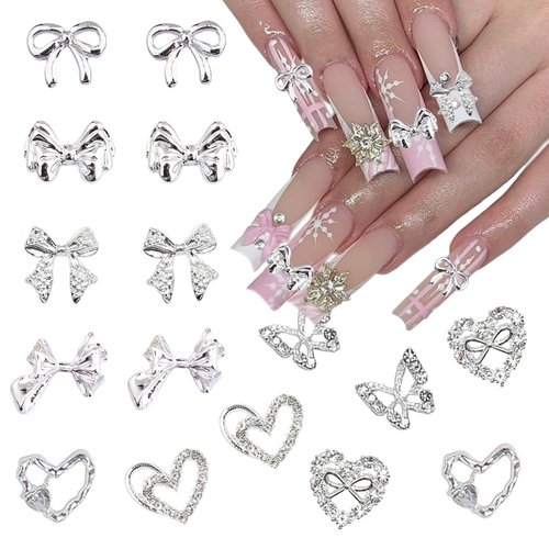 NEWSPIED 3D Heart Butterfly Bow Nail Charms Shiny Alloy Silver Nail Art Charms for Acrylic Nails Metal Butterflies Bowknots Nail Gems and Rhinestones Nail Decoration Accessories DIY Nail Supply 16Pcs