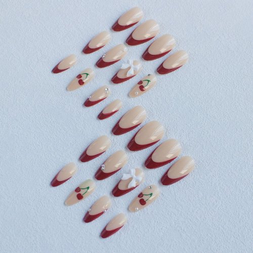 IMRAIN Press on Nails Medium Almond Fake Nails Red French Tips False Nails with Cherry & Bow Designs Stiletto Glue on Nails Full Cover Acrylic Artificial Nails for Women Girls 24Pcs