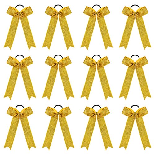 DEEKA 12 Pcs Glitter Collegiate Style Cheer Bows Long Tail Skinny College Cheer Bow Ponytail Holder Handmade Bows for Girls Teens Cheerleader Softball Sports (Gold)