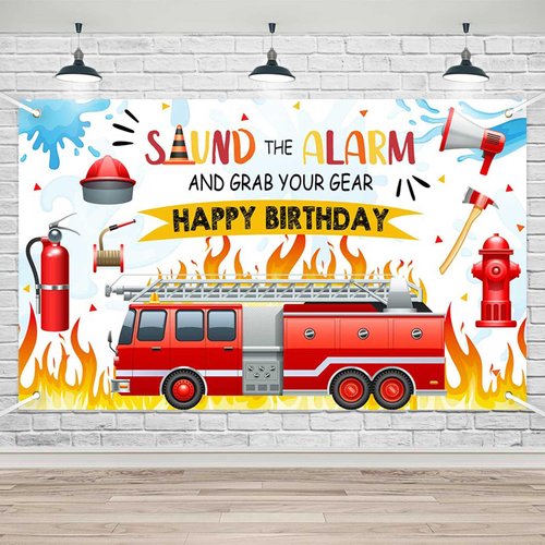 Lofaris Firetruck Birthday Backdrop Firetruck Theme Party Decorations for Boys Girls Birthday Background Fireman Firefighter Kids Bday Indoor Outdoor Party Supplies 70.8 x 43.3 Inch