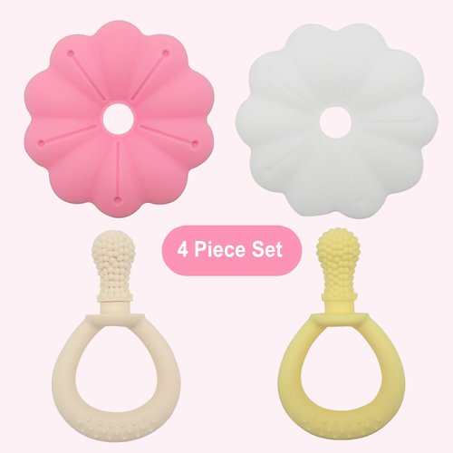 Ginbear Silicone Baby Teether for Girls, BPA Free Food Grade Infant Teething Toys, Soothing Baby Chew Toys, Sensory Teething Pain Relief Pacifier 3 Months + (Set of 2)