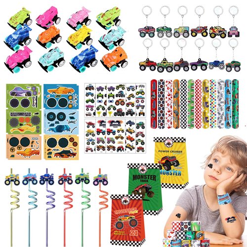 Weesdsio Monster Truck Party Favors Set, monster truck birthday decorations including 7 Types 84 Pcs Drinking Straws Gift Bags Mini Pull Cars Keychains DIY Stickers Temporary Tattoos Slap Bracelet