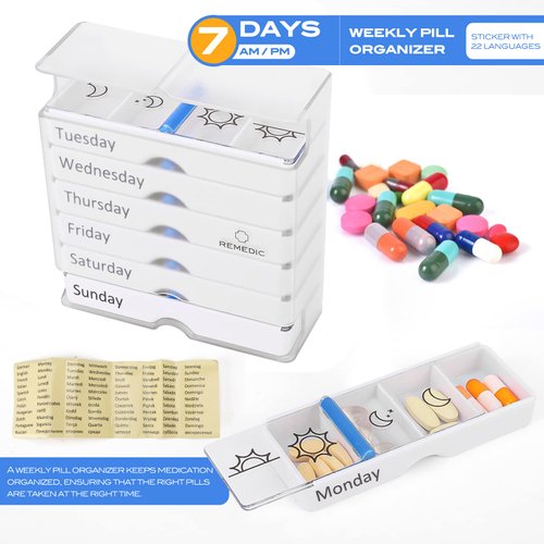 Remedic Weekly Pill Organizer – Better Grip Design Pillbox - Arthritis and Senior Living aids -7 Day Trays with 4 Compartments Each for Accurate Medication Planning. AM/PM Medication Reminder
