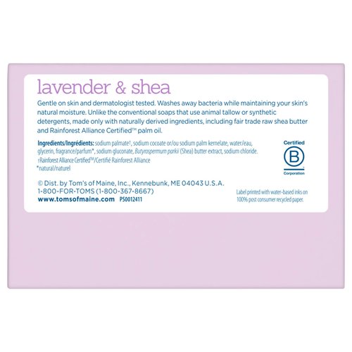 Tom's of Maine Natural Beauty Bar Soap, Lavender & Shea With Raw Shea Butter, 5 oz. 2-Pack