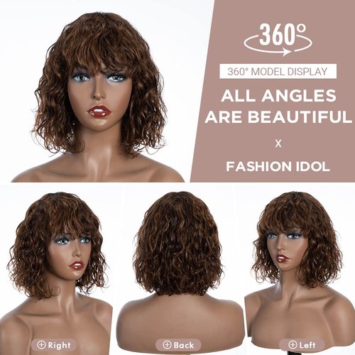 FASHION IDOL Bob Curly Human Hair Wig with Bangs for Black Women 10" Deep Wave Brazilian Virgin Human Hair Short Brown Water Wave Wig 150% Density