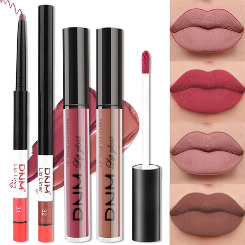 BINGBRUSH 2 Colors Liquid Matte Lipstick and Lipliner Set, Red Nude Lip Tint 24 Hour Waterproof Velvet Nonstick Cup Lipgloss Lip Stain Pigmented Lip Makeup Gift Sets for Girls and Women Labiales31&32
