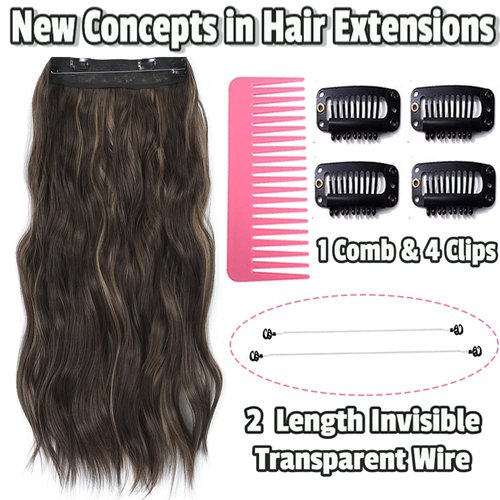 Amchoice Halo Hair Extensions 20 Inch Invisible Wire Secret Hairpieces with Adjustable Size Transparent Headband 4 Secure Clips Long Curly Wavy Hair Extensions(20 Inch, Brown with Highlighters)